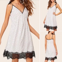 Sexy Backless V-neck Lace Spliced Hem Dots Printed Sling Dress