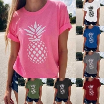 Fashion Pineappel Printed Short Sleeve Round Neck T-shirt
