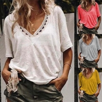 Fashion Solid Color Short Sleeve V-neck Loose T-shirt