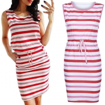 Fashion Sleeveless Round Neck Slim Fit Striped Dress