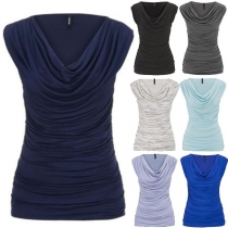 Fashion Solid Color Sleeveless Cowl Neck Wrinkled T-shirt