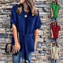 Fashion Solid Color Short Sleeve Loose Top with Waist Strap