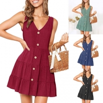Fashion Sleeveles V-neck Front-button Solid Color Dress