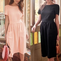 Sexy Backless Short Sleeve Round Neck Solid Color Dress