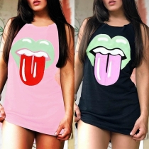 Fashion Sleeveless Round Neck Lip Printed Dress