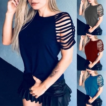 Sexy Hollow Out Short Sleeve Round Neck Solid Color T-shirt