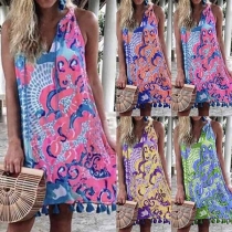 Fashion Sleeveless V-neck Tassel Hem Loose Printed Dress