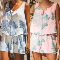 Fashion Sleeveless V-neck Printed Top + Shorts Two-piece Set