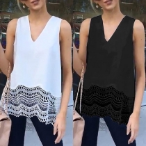 Sexy V-neck Lace Spliced Hem Sleeveless Solid Color Top