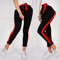 Fashion Contrast Color Drawstring Waist Casual Pants