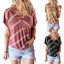 Fashion Short Sleeve V-neck Striped T-shirt 