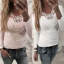 Fashion Solid Color Long Sleeve Round Neck Lace Spliced T-shirt 