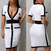 Sexy Deep V-neck Short Sleeve Contrast Color Slim Fit Dress