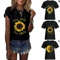 Fashion Sunflower Printed Short Sleeve T-shirt