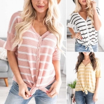 Fashion Short Sleeve V-neck Knotted Hem Striped T-shirt 