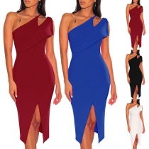 Sexy One-shoulder Slit Hem Solid Color Slim Fit Party Dress
