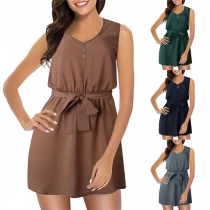 Fashion Solid Color Sleeveless V-neck Dress