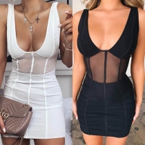 Sexy Backless V-neck Gauze Spliced Sleeveless Tight Dress