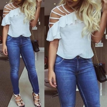 Sexy Hollow Out Solid Color Ruffle Chiffon Top