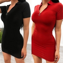 Fashion Solid Color Short Sleeve POLO Collar Slim Fit Dress
