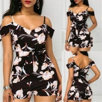 Sexy Off-shoulder V-neck High Waist Printed Sling Romper(It falls small)