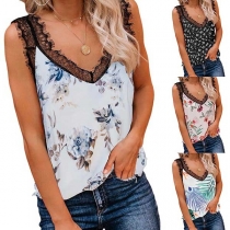 Sexy Backless V-neck Lace Spliced Printed Top 