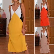Sexy Backless V-neck Contrast Color Sling Dress