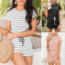 Fashion Short Sleeve Round Neck Striped Romper 