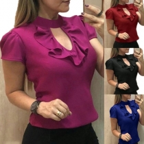 Fashion Solid Color Short Sleeve Mock Neck Rufle Top