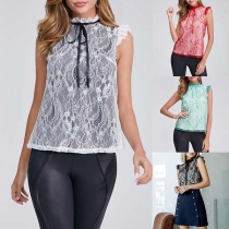 Sweet Style Sleeveless Ruffle Stand Collar Lace Top 