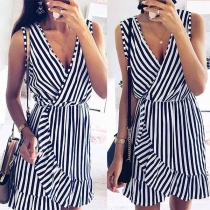 Sexy V-neck Irregular Ruffle Hem Sleeveless Striped Dress