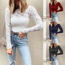 Sexy Long Sleeve Boat Neck Slim Fit Lace Top