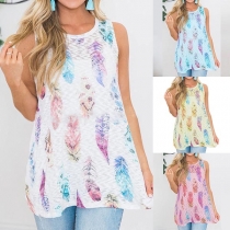 Fashion Feather Printed Sleeveless Round Neck Top