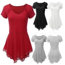 Fashion Short Sleeve Round Neck Lace Spliced Irregular Hem T-shirt