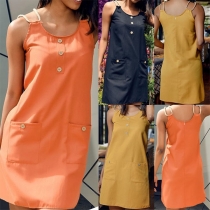 Fashion Solid Color Front-pocket Sling Dress