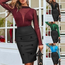 Sexy Gauze Spliced Long Sleeve Mock Neck Slim Fit T-shirt 