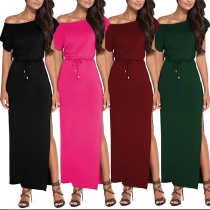 Sexy Oblique Shoulder Slit Hem Short Sleeve Solid Color Dress