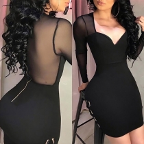 Sexy See-through Gauze Spliced Long Sleeve V-neck Tight Dress