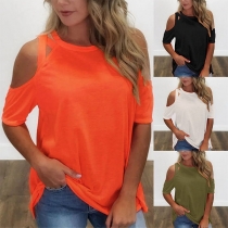 Sexy Off-shoulder Short Sleeve Round Neck Solid Color T-shirt 