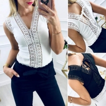Sexy Hollow Out Lace Spliced Sleeveless V-neck Top