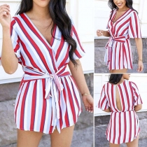 Sexy V-neck Short Sleeve Lace-up Striped Dress