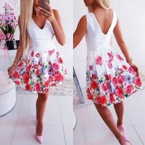 Sexy Backless V-neck Sleeveless Printed Dress