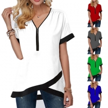 Fashion Contrast Color Short Sleeve Zipper V-neck Irregular Hem Top