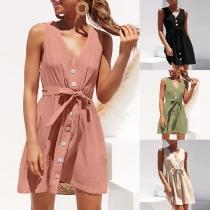 Fashion Solid Color Sleeveless V-neck Front-button Dress