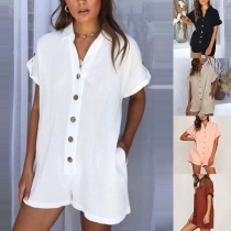 Fashion Solid Color Short Sleeve POLO Collar Romper