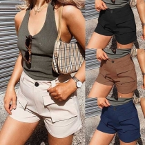 Fashion Solid Color High Waist Front-pocket Shorts 