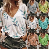 Fashion Short Sleeve V-neck Printed T-shirt 