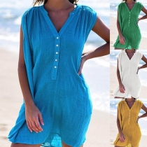 Fashion Solid Color Sleeveless V-neck Loose Dress