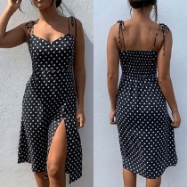Sexy Backless V-neck Slit Hem Dots Printed Sling Dress