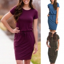 Fashion Solid Color Short Sleeve Round Neck Dress